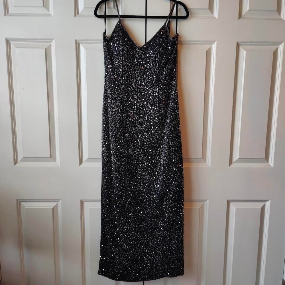 Vintage 80s Laurence Kazar Silk Beaded Sequin Cocktail Party Dress Midi Glam